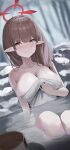  1girl absurdres blue_archive blurry blurry_background blush breasts brown_hair bucket chinatsu_(blue_archive) cleavage collarbone commentary_request hair_over_shoulder halo highres knees_up large_breasts looking_at_viewer n8_(buse1601) onsen outdoors partially_submerged pointy_ears rock sitting smile solo water_drop wooden_bucket 