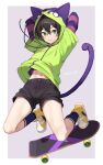  animal_hood black_hair black_shorts cat_hood cat_tail closed_mouth green_eyes green_hoodie hair_between_eyes highres hood hoodie iroiro_0w0 long_sleeves looking_at_viewer male_focus midriff miya_(sk8) navel open_mouth shorts sk8_the_infinity skateboard smile stomach tail upper_body 