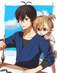  1boy 1girl :o antenna_hair barakamon blonde_hair blue_kimono blue_shorts calligraphy_brush child day hair_between_eyes handa_seishuu highres holding holding_calligraphy_brush holding_paintbrush japanese_clothes kameron kimono kotoishi_naru paintbrush short_hair short_sleeves shorts sitting 