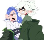  2girls blue_hair bow-shaped_hair chicken-rib earrings hair_over_one_eye highres inkling jewelry looking_at_viewer marie_(splatoon) medium_hair mole mole_under_eye multiple_girls octoling open_mouth pointy_ears red_eyes shiver_(splatoon) simple_background smile splatoon_(series) star-shaped_pupils star_(symbol) symbol-shaped_pupils teeth tentacle_hair thick_eyebrows tooth_earrings white_background white_hair yellow_eyes yellow_pupils 