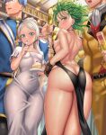  absurdres ass ass_focus black_dress blush breasts butt_crack covered_navel crossover curly_hair dress earrings elf english_commentary frieren green_eyes green_hair hair_slicked_back highres himmel_(sousou_no_frieren) impossible_clothes impossible_dress jewelry long_hair looking_back official_alternate_costume official_alternate_hairstyle one-punch_man parted_bangs pointy_ears ponytail rkrk12 saitama_(one-punch_man) short_hair skin_tight small_breasts sousou_no_frieren tatsumaki white_hair 