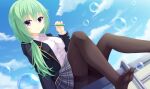  1girl arm_at_side black_jacket black_pantyhose blue_sky breasts bubble_blowing cloud collared_shirt day dutch_angle eyelashes eyes_visible_through_hair feet green_hair grey_skirt gyaoo_yuzu_soft hair_between_eyes hand_up highres jacket knees_up long_hair looking_at_viewer low_ponytail medium_breasts miniskirt no_shoes open_clothes open_jacket original outdoors pantyhose parted_lips plaid plaid_skirt pleated_skirt purple_eyes school_uniform shirt sitting skirt sky soap_bubbles solo thighband_pantyhose white_shirt 