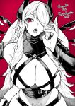  1girl absurdres belt breasts demon_horns fellatio_gesture fingernails greyscale_with_colored_background hair_over_one_eye highres horns huge_breasts long_hair multiple_belts original portrait pubic_tattoo red_eyes revealing_clothes sharp_fingernails solo spot_color standing tattoo yotsumi_shiro 
