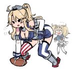  2girls ahoge american_flag_legwear belt bent_over blonde_hair blush boots breasts cleavage commentary_request elbow_gloves football_(object) gambier_bay_(kantai_collection) garter_straps gloves hair_between_eyes headgear iowa_(kantai_collection) kantai_collection large_breasts long_hair mismatched_legwear multicolored multicolored_clothes multiple_girls open_mouth ponytail shirt shorts simple_background skirt smile star striped striped_legwear terrajin thighhighs twintails vertical-striped_legwear vertical_stripes white_background 
