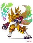  2018 ambiguous_gender anthro black_markings black_sclera blue_claws blue_eyes claws clothing digimon digimon_(species) ear_piercing feathers fur gloves handwear head_markings hi_res leg_markings markings multi_tail piercing red_markings renamon renamon_x signature sinobali slit_pupils standing tuft white_body white_fur x-digimon yellow_body yellow_fur 