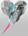  1girl bare_shoulders bent_over black_legwear black_skirt blue_hair blue_nails closed_eyes collared_shirt commentary_request crying detached_sleeves eyelashes fingernails full_body grey_background grey_shirt grey_theme hair_between_eyes hands_on_own_chest hatsune_miku heart highres legs_together long_hair number number_tattoo open_mouth outstretched_hand pleated_skirt reaching sakikko see-through shirt shoulder_tattoo sidelocks signature simple_background skirt sleeveless sleeveless_shirt solo streaming_tears tattoo tears thighhighs twintails unknown_mother_goose_(vocaloid) very_long_hair vocaloid zettai_ryouiki 
