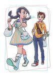  1boy 1girl bag black_eyes black_hair blue_pants braid brown_eyes brown_hair candice_(palentine&#039;s_2024)_(pokemon) candice_(pokemon) dress full_body grocery_bag haraya long_hair looking_at_another official_alternate_costume open_mouth pants pokemon pokemon_masters_ex red_footwear shoes shopping_bag short_hair shoulder_bag signature striped_clothes striped_dress sweater teeth twin_braids upper_teeth_only victor_(palentine&#039;s_2024)_(pokemon) victor_(pokemon) walking white_footwear 