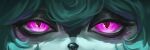  1girl close-up eye_focus glowing glowing_eyes green_hair highres league_of_legends looking_at_viewer pale_skin pink_eyes straight-on timo_(timotimo628) vex_(league_of_legends) yordle 
