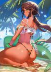  1girl andromeda_(fate) andromeda_(second_ascension)_(fate) armlet ass back back_focus bare_shoulders barefoot bikini blush braid breasts brown_hair dark-skinned_female dark_skin day fate/grand_order fate_(series) feet from_behind green_eyes hair_ornament highleg highleg_bikini highres inflatable_toy lack large_breasts long_hair looking_at_viewer looking_back low_ponytail multicolored_bikini multicolored_clothes outdoors palm_tree ponytail rainbow_bikini see-through see-through_shirt shallow_water sidelocks sitting soles solo swimsuit thick_thighs thighs thong_bikini toes tree tropical water water_drop wet white_nails 
