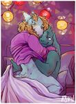 bastriw bed canid canine canis clothed clothing duo eyes_closed furniture heart_eyes heart_symbol hi_res kissing lagomorph leporid male male/male mammal partially_clothed pink_eyes rabbit romantic romantic_ambiance wolf