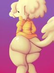anthro big_butt bootlegjones bottomless breasts bubble_butt butt canid canine canis caroline_(bootlegjones) clothed clothing domestic_dog female hair mammal poodle purple_background simple_background solo tail thick_thighs yellow_body