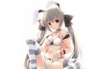  animal_ears bow bra breasts bunny_ears bunnygirl choker cleavage cropped gray_hair hoodie long_hair mitha necklace open_shirt original panties red_eyes signed spread_legs thighhighs twintails underwear undressing white 