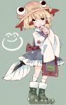  1girl :/ black_eyes blonde_hair brown_headwear closed_mouth frog_girl full_body highres juliet_sleeves long_sleeves massakasama moriya_suwako puffy_sleeves short_hair sidelocks solo standing tadpole_tail tail touhou 