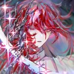  1other androgynous colored_eyelashes crystal_hair hair_between_eyes highres houseki_no_kuni liquid_metal long_hair looking_at_viewer other_focus padparadscha_(houseki_no_kuni) parted_lips portrait red_eyes red_hair shirt solo sparkle tknife uneven_eyes white_shirt 
