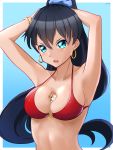  1girl absurdres armpits arms_up bangs bikini bikini_top black_hair blue_background blue_eyes blue_scrunchie bracelet breasts cleavage collarbone earrings fang floating_hair ganaha_hibiki guxu hair_between_eyes hair_ornament hair_scrunchie halterneck hamuzou high_ponytail highres idolmaster idolmaster_(classic) jewelry long_hair medium_breasts o-ring o-ring_bikini open_mouth red_bikini scrunchie sideboob solo sparkle standing swimsuit upper_body very_long_hair 