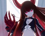  1girl 32zzz black_gold_saw black_jacket black_rock_shooter breasts chainsaw_man cleavage closed_mouth demon_horns gauntlets highres horns jacket long_hair long_sleeves looking_at_viewer midriff pull_cord red_eyes red_horns solo 