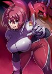  1girl breasts gundam gundam_seed gundam_seed_destiny highres large_breasts lunamaria_hawke mecha military_uniform mobile_suit open_mouth pilot_suit pink_hair purple_eyes red_background robot short_hair smile tukiwani uniform zaku_warrior_lunamaria_custom 