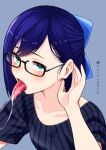  1girl a-chan_(2nd_costume)_(hololive) a-chan_(hololive) black-framed_eyewear blue_bow blue_eyes blue_hair blush bow collarbone cum cum_in_mouth cum_on_tongue cum_string glasses grey_shirt hair_behind_ear highres hololive looking_at_viewer open_mouth ribbed_shirt shirt short_hair short_sleeves solo suggestive_fluid sweatdrop swept_bangs tongue tongue_out tucking_hair upper_body virtual_youtuber zabudog777 