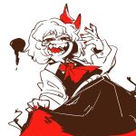  1girl ascot black_skirt black_vest commentary english_commentary ezier hair_ribbon highres long_sleeves looking_at_viewer red_ascot red_eyes red_nails red_ribbon ribbon rumia sharp_teeth shirt short_hair simple_background skirt solo teeth touhou vest white_background white_shirt 