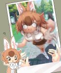  1girl ? animal_ears arm_behind_head bare_shoulders blush bow bowtie brown_eyes brown_hair brown_shirt brown_skirt brown_thighhighs dhole_(kemono_friends) dog_ears dog_girl dog_tail falling gradient_legwear hair_between_eyes kemono_friends lets0020 light_brown_hair motion_blur multicolored_hair open_mouth photo_(object) pleated_skirt shirt short_hair sidelocks skirt sleeveless tail thighhighs two-tone_shirt white_bow white_bowtie white_hair white_shirt white_thighhighs zettai_ryouiki 
