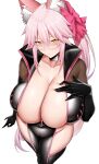  1girl absurdres animal_ear_fluff animal_ears arind_yudha black_bodysuit black_gloves blush bodysuit breasts cleavage closed_mouth collarbone elbow_gloves fate/grand_order fate_(series) fox_ears from_above glasses gloves hair_ornament hand_on_own_chest highres hip_vent huge_breasts koyanskaya_(assassin)_(first_ascension)_(fate) koyanskaya_(fate) long_hair looking_at_viewer pink_hair ponytail simple_background smile solo standing tamamo_(fate) thighs white_background yellow_eyes 