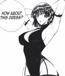  1girl arms_behind_head black_dress breasts cleavage_cutout clothing_cutout dress english_commentary english_text fubuki_(one-punch_man) greyscale highres looking_at_viewer monochrome mostlybluewyatt one-punch_man short_hair sideboob thighhighs 