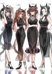  1986 2003 2012 2020 4girls absurdres ahoge alternate_costume animal_ears armpits arms_up black_dress black_footwear black_hair breasts brown_hair cleavage commentary_request crossed_arms daring_tact_(umamusume) dated dress ear_covers ear_ornament full_body gentildonna_(umamusume) high_heels highres horse_ears horse_girl horse_tail kumo_(mokumoku_warabi) large_breasts long_hair mejiro_ramonu_(umamusume) multiple_girls short_hair simple_background smile still_in_love_(umamusume) tail twintails umamusume white_background 