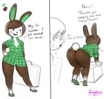  ambiguous_gender animal_crossing anthro bent_over big_butt blush bodily_fluids bottomless box breasts brown_body brown_fur brown_hair butt cardboard_box carmen_(animal_crossing) cleavage clothed clothing dialogue female footwear fur hair hi_res human juicydemon lagomorph leporid long_ears mammal nintendo rabbit shirt shoes solo solo_focus suitcase sweat topwear video_games villager_(animal_crossing) white_body white_fur wide_hips 