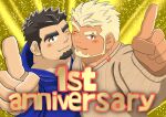  2boys absurdres alternate_costume anniversary bara beard black_hair blonde_hair blue_jacket blush brown_eyes brown_sweater cheek-to-cheek closed_mouth collarbone crave_saga dark-skinned_male dark_skin earrings english_text excalibur_(crave_saga) eyebrow_cut facial_hair forked_eyebrows goatee heads_together highres hood hood_down hoodie jacket jewelry looking_at_viewer male_focus mature_male multiple_boys muscular muscular_male one_eye_closed pectorals pointing pointing_up protagonist_(crave_saga) red_eyes satono_(satopu_v2) short_hair smile sweater thick_eyebrows yaoi yellow_background 