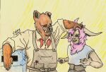 anthro apron ascot bat brown_body brown_fur clothing crop_top duo fur hair hi_res male male/male mammal pink_hair s3b0rg shirt suid suina sus_(pig) topwear trash_can tusks wild_boar