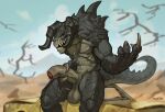 2024 balls bethesda_softworks claws deathclaw digital_drawing_(artwork) digital_media_(artwork) erection fallout finger_claws foreskin genitals glans hi_res horn humanoid_genitalia humanoid_penis male outside penis phinnherz scalie sitting solo tail teeth unretracted_foreskin