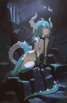  1girl barred_window breasts bug chain claws collar cuffs dragon_girl dragon_horns dragon_tail dragonfly dungeon green_hair highres horns medium_hair messy_hair metal_collar navel nude open_mouth original purple_eyes scales shackles small_breasts solo tail timbougami 