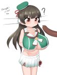  1girl ? absurdres beret black_hair breasts choukai_(kancolle) dated food green_hat green_shirt hat headgear highres kantai_collection large_breasts long_hair maru_(marg0613) midriff navel no_eyewear one-hour_drawing_challenge pleated_skirt red_eyes sailor_collar sausage sexually_suggestive shirt simple_background skirt sleeveless sleeveless_shirt solo twitter_username underboob white_background white_sailor_collar white_skirt 
