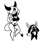 2_horns alternate_costume belly belly_markings black_bra black_clothing black_eyelids black_horn black_markings black_panties black_tuft black_underwear bra clothing clothing_swap demon demon_humanoid duo female hair hand_behind_head hand_on_hair hand_on_hip head_tuft heart_(marking) horn humanoid looking_at_viewer markings neck_tuft one_eye_obstructed oolongearlgrey panties pupils slit_pupils smile spade_tail succubus tail tuft underwear wavy_mouth white_cheeks white_horn wide_hips