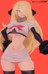  1girl alternate_costume artist_name black_shirt black_thighhighs blonde_hair breasts commentary cropped_shirt cynthia_(pokemon) english_commentary flytrapxx fur_wrist_cuffs hair_over_one_eye highres large_breasts long_hair long_sleeves navel patreon_logo pencil_skirt pokemon pokemon_dppt red_background shirt simple_background skirt smile solo standing team_rocket team_rocket_uniform thighhighs thighs underboob white_shirt white_skirt 