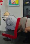  1boy ass blonde_hair cellphone flip_phone from_behind grey_jacket jacket long_sleeves male_focus meme mob_psycho_100 one_andonlyone phone photo_background reflection reigen_arataka short_hair sitting 