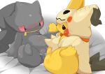  2019 anthro banette black_body clothing cosplay_pikachu_(character) cosplay_pikachu_(costume) costume duo female female/female fur genitals ghost hi_res mouth_zipper nintendo open_mouth pikachu pok&eacute;mon pok&eacute;mon_(species) pussy sex simple_background smile spirit type vaginal video_games yellow_body yellow_fur zipper 