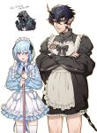  1other 2boys alternate_costume annoyed apron arknights black_bow black_bowtie black_dress black_gloves black_jacket blue_hair blue_shirt bow bowtie broom commentary_request cropped_torso crossdressing crossed_arms doctor_(arknights) dress enmaided flamebringer_(arknights) gloves gradient_hair highres holding holding_broom hood hooded_jacket horns jacket jersey_maid light_blue_hair light_frown light_smile maid maid_headdress mask material_growth mizuki_(arknights) multicolored_hair multiple_boys name_tag open_mouth oripathy_lesion_(arknights) parted_lips pink_eyes pointy_ears pulls200 shirt simple_background tail unconventional_maid white_apron white_background white_shirt 