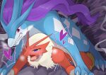 2021 ambiguous_gender anthro anthro_on_feral anthro_penetrated bestiality blaziken blue_eyes bodily_fluids cum duo feral feral_penetrating feral_penetrating_anthro from_behind_position generation_2_pokemon generation_3_pokemon genital_fluids heart_symbol jockey_position legendary_pokemon lying male male/ambiguous male_penetrating nintendo open_mouth orama_ura penetration pokemon pokemon_(species) red_body red_eyes sex suicune