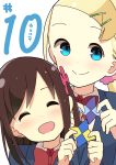  2girls :d absurdres blazer blonde_hair blue_jacket blush bow brown_hair closed_eyes commentary_request episode_number flower hair_flower hair_ornament hair_scrunchie hairclip highres hitori_bocchi hitoribocchi_no_marumaru_seikatsu holding holding_pinwheel jacket katsuwo_(cr66g) long_hair looking_at_viewer multiple_girls number open_mouth pink_scrunchie pinwheel red_bow school_uniform scrunchie simple_background smile sotoka_rakita upper_body white_background 