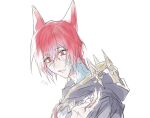  1boy 1other braid cloak crystal_exarch final_fantasy final_fantasy_xiv from_side g&#039;raha_tia hood hood_down hooded_cloak long_hair male_focus material_growth miqo&#039;te notice_lines pov pov_hands red_eyes red_hair simple_background slit_pupils solo_focus tladpwl03 white_background 