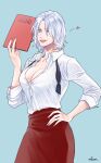  1girl azuma_xoxo_9 blue_eyes bow bowtie breasts cleavage dante_(devil_may_cry) devil_may_cry_(series) devil_may_cry_5 genderswap genderswap_(mtf) highres holding holding_menu huge_breasts lipstick looking_at_viewer makeup mature_female menu one_eye_closed shirt smile solo waiter waitress white_hair 