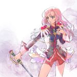  1girl aiguillette ateka bike_shorts black_jacket blue_eyes epaulettes flower frills highres holding holding_sword holding_weapon jacket jewelry long_hair pink_hair red_shorts ring rose shorts shoujo_kakumei_utena solo sword tenjou_utena weapon white_background white_flower white_rose 