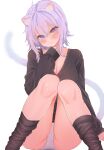  1girl :3 ahoge alternate_costume animal_ear_fluff animal_ears arm_support black_shirt black_socks blush breasts cat_ears cat_girl cat_tail cleavage closed_mouth collarbone commentary feet_out_of_frame hair_between_eyes hand_on_own_chin highres hololive knees_together_feet_apart knees_up large_breasts light_smile long_sleeves looking_at_viewer loose_socks medium_hair nekomata_okayu panties purple_eyes purple_hair shirt simple_background sitting sleeves_past_wrists socks solo symbol-only_commentary tail underwear v-neck virtual_youtuber white_background white_panties yamazakura118 