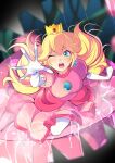  1girl blonde_hair blue_eyes blush breasts commission crown dress earrings elbow_gloves gloves highres jewelry long_hair looking_at_viewer mario_(series) mitsuki_tayura open_mouth pink_dress piranha_plant princess princess_peach skeb_commission sphere_earrings white_gloves 
