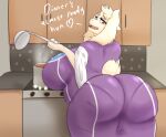 anthro belly big_breasts big_butt bovid breasts butt caprine clothing cooking dialogue female goat hi_res horn huge_breasts huge_butt kitchen kitchen_utensils long_ears looking_at_viewer looking_back mammal mature_female mother_(lore) olibur overweight overweight_female panty_lines parent_(lore) red_eyes side_boob solo text thick_thighs tight_clothing tools toriel undertale_(series) wide_hips