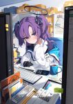  1girl absurdres blue_archive blue_eyes blush coffee computer gloves halo highres holding holding_pen jacket keyboard_(computer) long_hair long_sleeves looking_at_viewer mechanical_halo monitor notebook pen purple_eyes purple_hair solo spice_mega two_side_up yuuka_(blue_archive) 