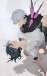  1boy 1girl absurdres barefoot black_hair black_shirt blood blood_on_clothes blood_on_shoulder carrying couple dried_blood highres kaneki_ken kirishima_touka kyuuba_melo princess_carry red_eyes shadow shirt short_hair tokyo_ghoul unconscious white_hair white_shirt 