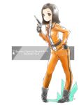  1girl black_eyes black_gloves black_hair blush character_name forehead gloves gun hand_on_hip highres holding holding_gun holding_weapon jacket kowiru orange_jacket orange_pants short_hair smile ultra_series ultraman weapon white_background 