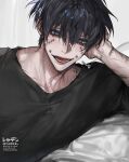  1boy absurdres bed_sheet black_hair black_shirt blue_eyes ear_piercing eyelashes hair_between_eyes hand_to_head hand_up head_rest highres light_blush looking_at_viewer lower_teeth_only lying male_focus on_bed on_side original parted_lips piercing scar scar_on_arm scar_on_shoulder shirt short_hair smile solo stitched_arm stitched_face stitched_torso stitches syaden teeth tongue 